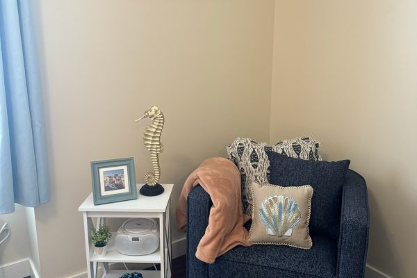 blue sofa at the corner of a beige cozy room